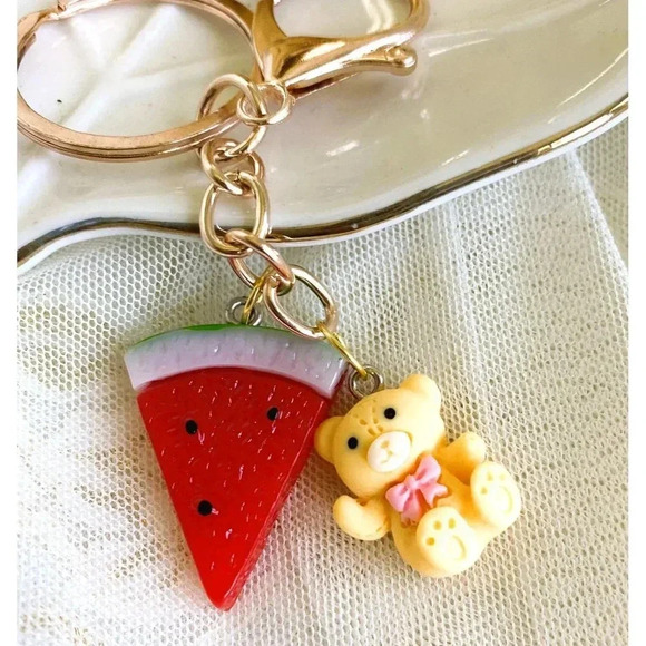 Water Melon Fruit Slice and Teddy Bear Charmed Fashion Keyring Keychain - Picture 1 of 3